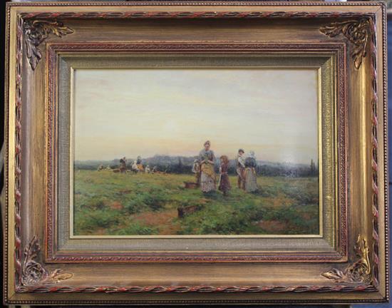 Henry John Yeend King (1855-1924) Figures returning from the fields at sunset, 11 x 16in.